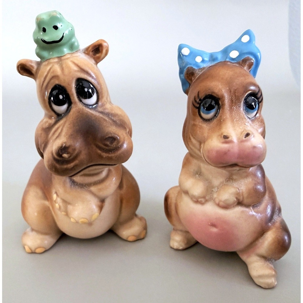 Josef Originals Baby Hippo Boy Girl Set Orig Label 60s Japan MCM Anthropomorphic